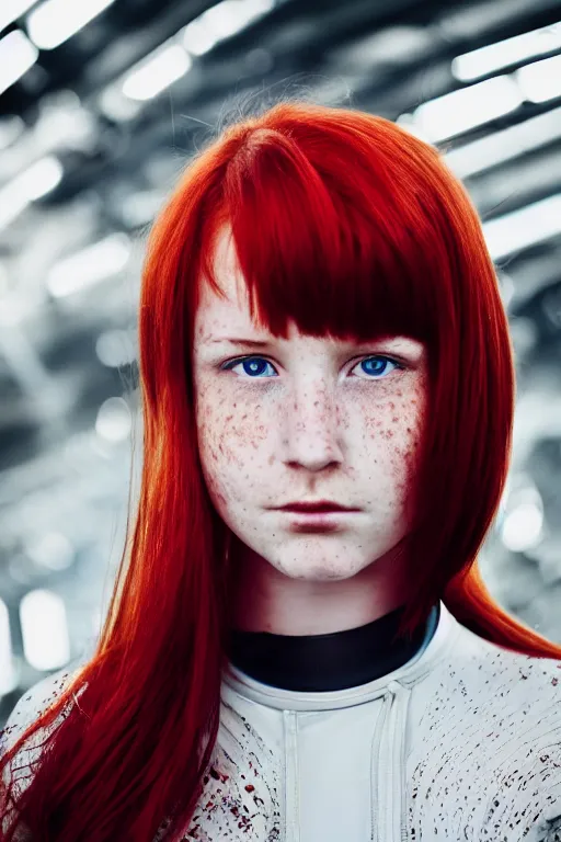 Prompt: portrait photo of a beautiful teenage girl in a futuristic jumpsuit. Red hair, freckles. In an industrial environment. Shallow depth of field. Strong keylight. Highly detailed.