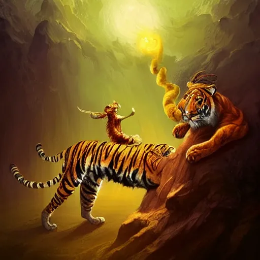 Prompt: A Wizard battling a Tiger, Photo Credit: National Geographic, digital art, masterpiece; trending on ArtStation; by MotG digital painting by R.J. Palmer; by Anato Finnstark