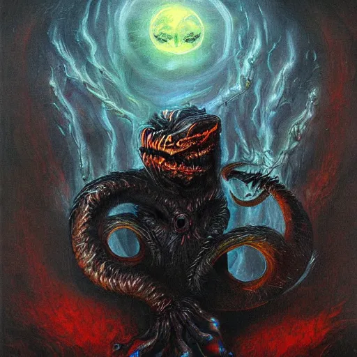 Image similar to Returnal creature monster oil painting fantasy epic, dark, creepy