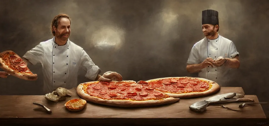 Image similar to a chef inventing pizza, scientific, tools, happy chef, pots and pans, jars, fog, magic, 8k, james gurney, greg rutkowski, john howe, artstation