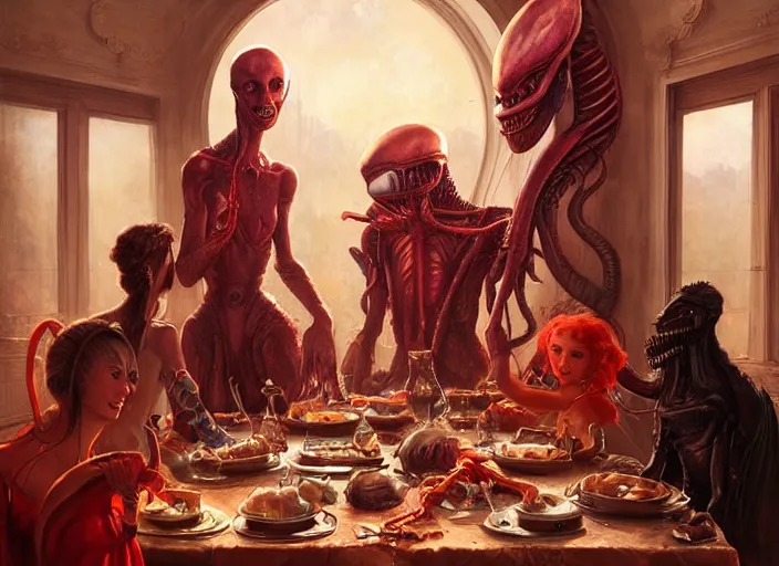 Prompt: alien dinner party. digital art by eugene de blaas, ross tran, and nasreddine dinet, vibrant color scheme, intricately detailed, in the style of romanticism. artstation, greg rutkowski