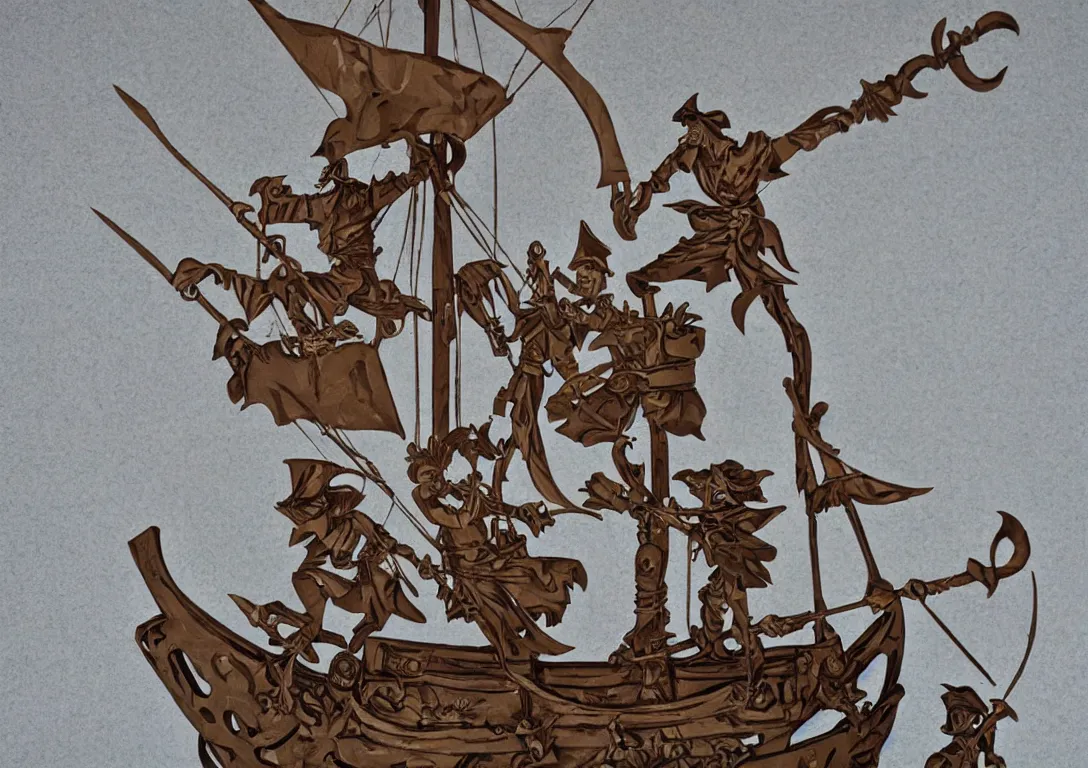 Prompt: a stylized cut paper sculpture of peter pan and captain hook sword fighting on a pirate ship