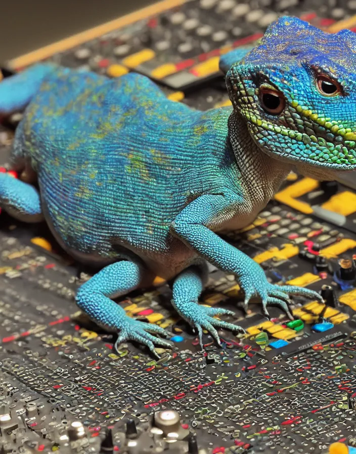 Prompt: hyper realistic photograph, 8k, lizard patching a Buchla 200e modular synthesizer