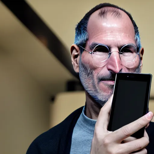 Image similar to steve jobs holding up a samsung phone, xf iq 4, f / 1. 4, iso 2 0 0, 1 / 1 6 0 s, 8 k, raw, unedited, symmetrical balance, in - frame, sharpened