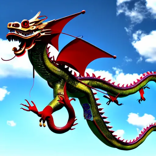 Prompt: people watching a chinese dragon flying in the sky, hyperrealistic, 3 d