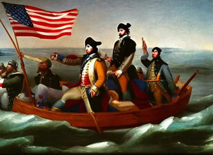 Image similar to oil painting of Washington Crossing the Delaware but Washington is taking a selfie with an iPhone