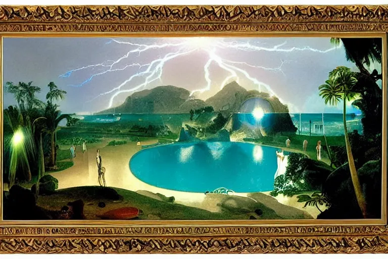 Prompt: The chalice of the occult, refracted sparkles, thunderstorm, greek pool, beach and Tropical vegetation on the background major arcana sky and occult symbols, by paul delaroche, hyperrealistic 4k uhd, award-winning, very detailed paradise