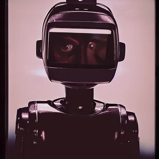 Prompt: the reflection of a man on the head of a robot, by andrzej zulawski