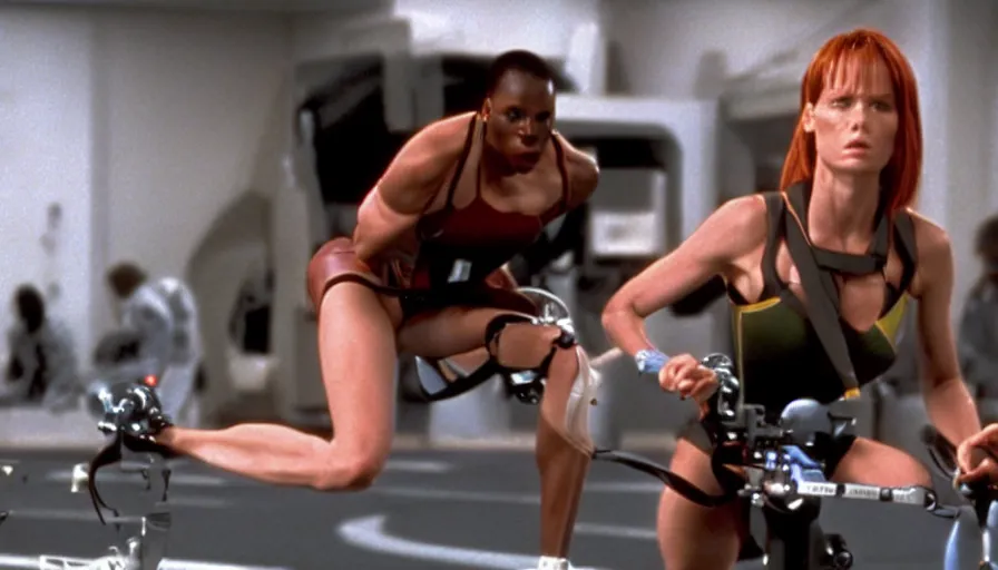 Image similar to The matrix, LeeLoo, Starship Troopers, Olivia Pope, 1990's Olympics footage, Sprinter athletes recovering from a race, tuning their mechanical legs with mechanics helping, intense moment, cinematic stillframe, dramatic lighting, The fifth element, vintage robotics, formula 1, starring Geena Davis