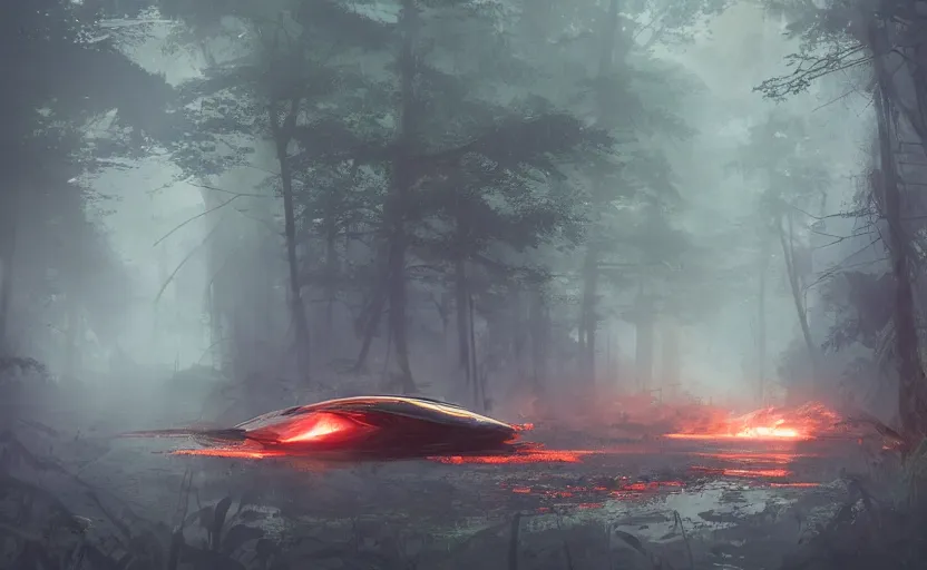 Image similar to a spaceship on fire crashed in a swamp forest, smoke, smoke, smoke, smoke, cloudy air. Atmospheric lighting, overgrowth. By Makoto Shinkai, Stanley Artgerm Lau, WLOP, Rossdraws, James Jean, Andrei Riabovitchev, Marc Simonetti, krenz cushart, Sakimichan, trending on ArtStation, digital art.