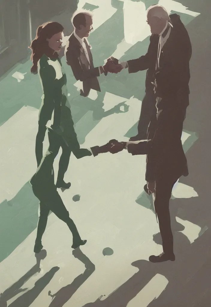 Prompt: joe biden and anya taylor - joy shaking hands, by atey ghailan, by greg rutkowski, by greg tocchini, by james gilleard, by joe gb fenton, dynamic lighting, gradient light green, brown, blonde cream, salad and white colors in scheme, grunge aesthetic