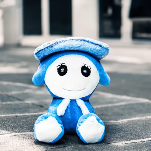 Image similar to blue'snappy gifts'plush doll, on sidewalk, handing out gifts, happy atmosphere, high detail, soft lighting, 8 k