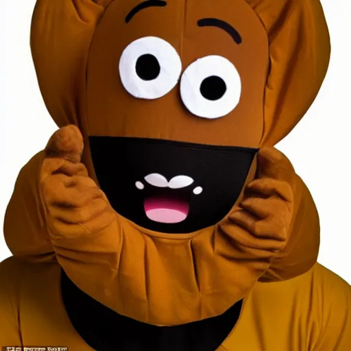 Prompt: ricky owens wearing a poo emoji costume realistic photo