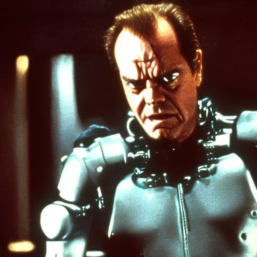 Prompt: Jack Nicholson plays Terminator, scene where his endoskeleton gets exposed