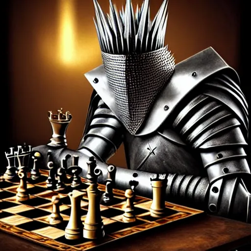 Prompt: medieval knight with spiky hair playing chess, highly intricate steampunk, chess knight, photorealistic, hyperrealism, beautiful, high resolution