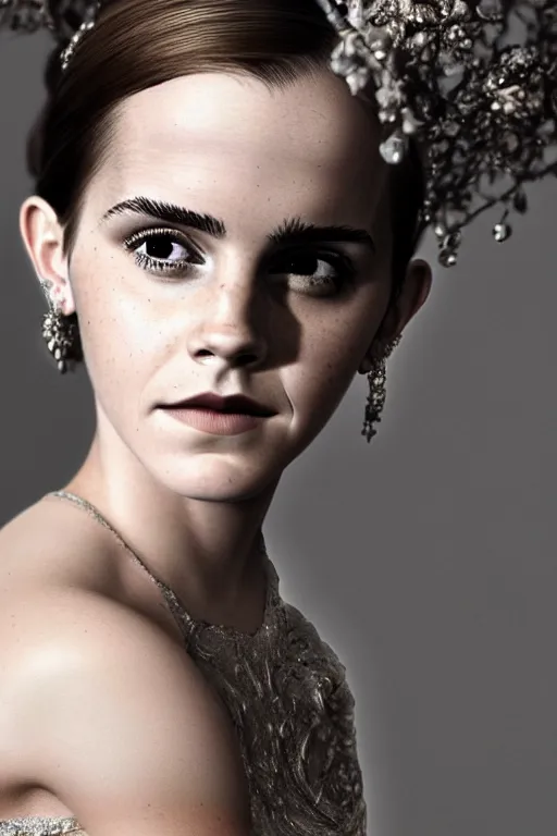 Image similar to a beautiful Emma Watson portrait, with a brilliant, impossible striking big organic matter subsurface scattering material headpiece, clothes entirely made out of organic subsurface scattering material, symmetrical, dramatic studio lighting, rococo, baroque, jewels, asian, hyperrealism, closeup, D&D, fantasy, intricate, elegant, highly detailed, digital painting, artstation, octane render, 8k, concept art, matte, sharp focus, illustration, art by Artgerm and Greg Rutkowski and Alphonse Mucha