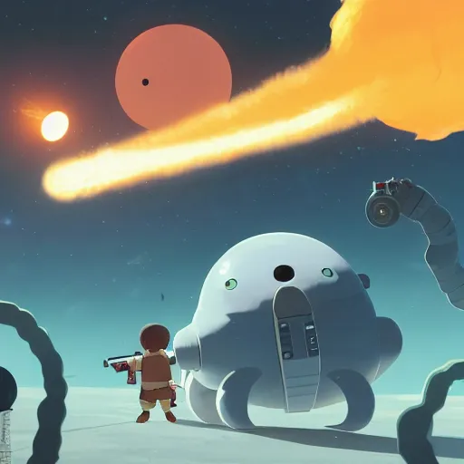 Prompt: baby harp seals astronauts shooting lasers at tentacle alien monsters on an asteroid, atey ghailan, goro fujita, studio ghibli, rim light, stark lighting, clear focus, very coherent,