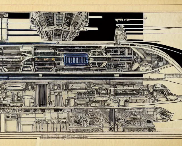 Image similar to a full page of a mechanical blueprint showing the interior of gamera, with a big head, muted colors, post grunge, studio ghibli, hq,