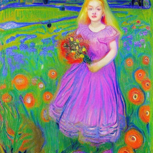 Prompt: by victor nizovtsev, by edvard munch ornamented. a computer art of a young girl with blonde hair, blue eyes, & a pink dress. she is standing in a meadow with flowers & trees.