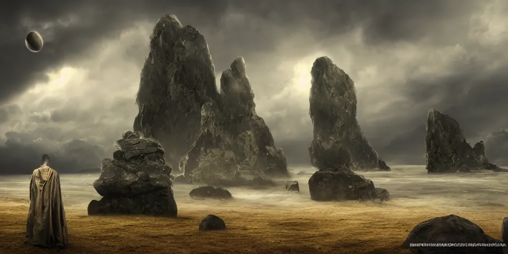 Prompt: photorealistic strange dark monks perform a ritual. magical symbols float above them. epic landscape with magically floating rocks, with ominous storm clouds, strange levitating stones, stones falling from the sky, a gentle rising mist. occult photorealism, uhd, amazing depth, glowing, golden ratio, 3 d octane cycle unreal engine 5, volumetric lighting, cinematic lighting, alphonse mucha