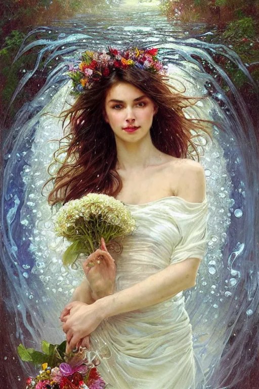 Image similar to portrait of a beautiful woman wearing a white dress, holding a bouquet of flowing flowers, drenched body, wet dripping hair, emerging from the water, fantasy, regal, fractal crystal, fractal gems, by stanley artgerm lau, thomas kindkade, alphonse mucha, loish, norman rockwell