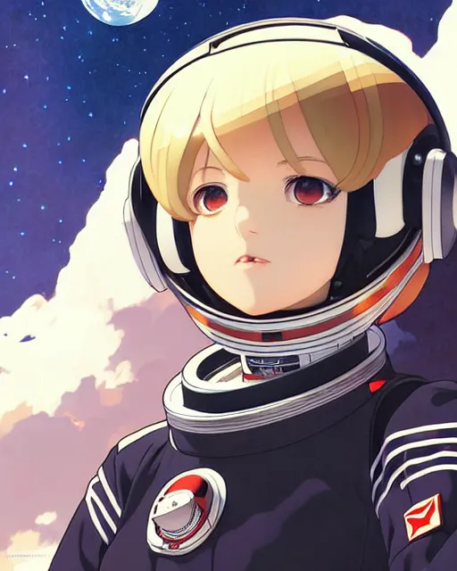 Image similar to ilya kuvshinov anime illustration of young astronaut girl, last exile, murata range, fine detail, perfect anime face, dramatic lighting, dynamic composition, art deco, cel shading, vivid, rich texture, yoshinari yoh, alphonse mucha, ( ( ( colorful ) ) )