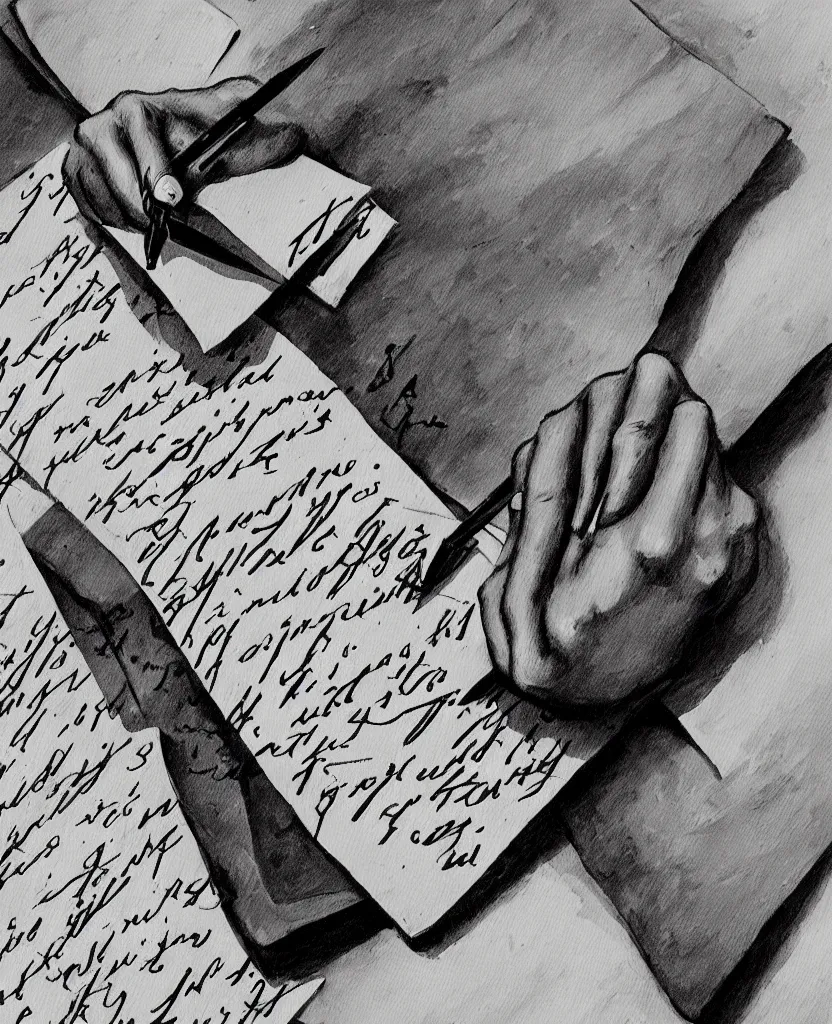 Image similar to a beautiful painting of a hand writing a letter with wwii in background, black and white, painted by escher