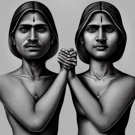 Image similar to perfectly centered symmetrical split male and female portrait of young indian man and woman in love sharing one heart. illustration, highly detailed, simple, no jagged lines, smooth, artstation, artwork by mike worrall