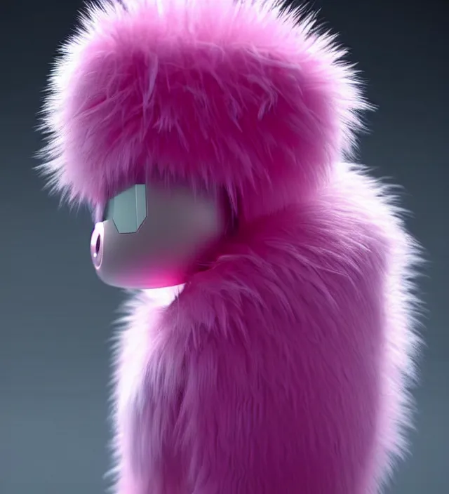 Image similar to high quality 3 d render hyperrealistic very cute small pink robot, plush mascot, short spiky dense fluffy smooth hair, photo from the side, pink fluffy fur, 1 5 0 mm, beautiful natural soft light, rim light, smooth background, artstation, ultra detailed, elegant, ultra detailed, metallic armor, octane render