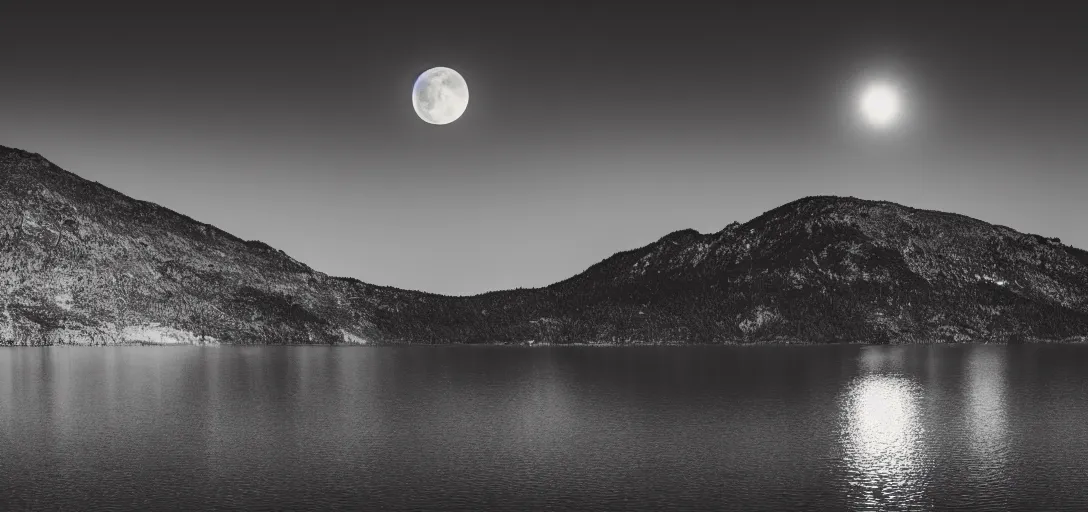 Prompt: lake in a totally dark place with a moon