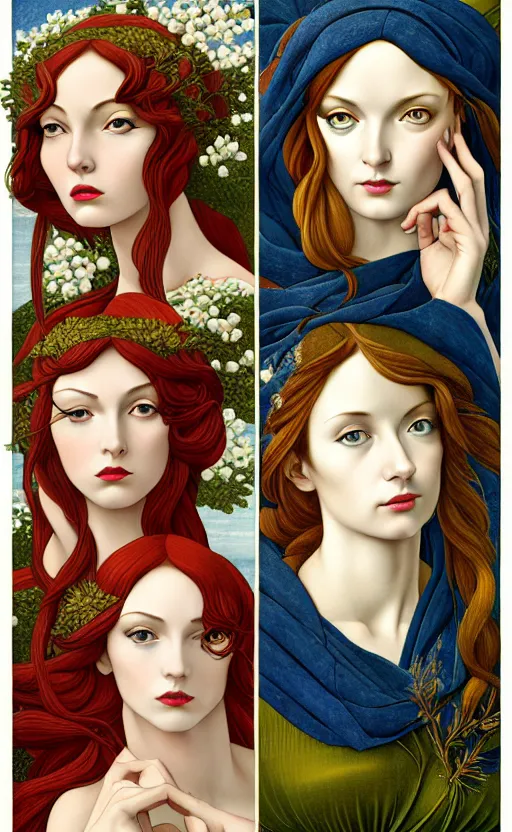 Image similar to the 12 months of the year as figures, (3 are Winter, 3 are Spring, 3 are Summer and 3 are Autumn), in a mixed style of Botticelli and Æon Flux, inspired by pre-raphaelite paintings and shoujo manga, hyper detailed, stunning inking lines, flat colors, 4K photorealistic