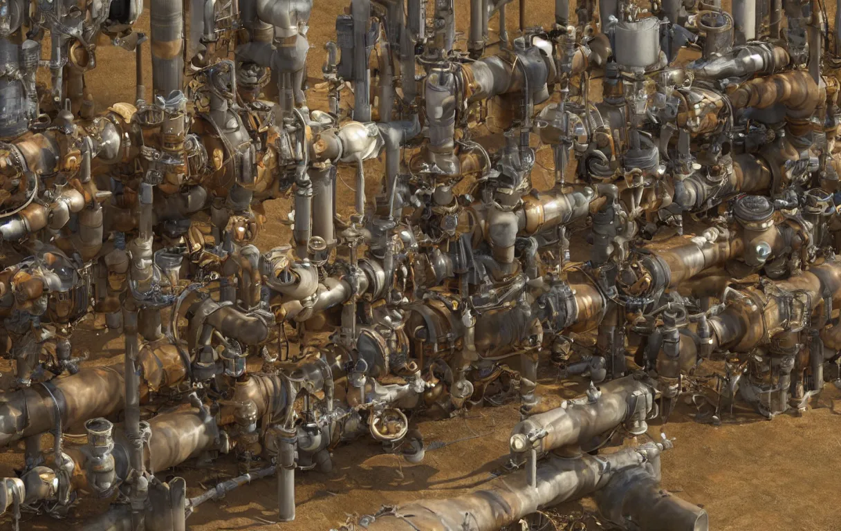 Image similar to realistic 3 d render of a steampunk pipeline with a single pipe going from the top left of the screen, to the top right, down, and going off in the bottom left of the screen