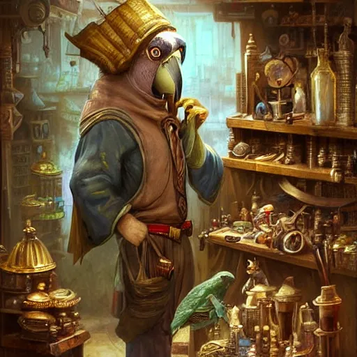 Image similar to Anthropomorphized parrot trader in his shop, art by Greg Rutkowski, shelves full, selling a gem, portrait, items, magic potions, weapons, arcana, carpet, window, fancy funny hat, sly expression , cunning expression, cute expression, presenting magic gem, D&D, fantasy, cinematic lighting, highly detailed, digital painting, artstation, concept art, smooth, sharp focus, illustration, warm light, cozy warm tint, magic the gathering artwork, volumetric lighting, 8k, no gold, no gold colours