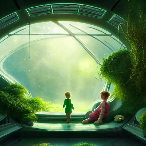 Image similar to , little child and grandma in sci - fi green house, spaceship, plants, stephen bliss, misty, unreal engine, pixar, fantasy art by greg rutkowski, loish, ferdinand knab, and lois van rossdraws, global illumination, radiant light, minimalist, detailed and intricate environment