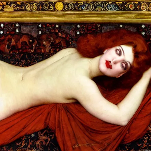 Prompt: preraphaelite photography reclining on bed, a hybrid of a hybrid of judy garland and liza minelli and a hybrid of lady gaga and nicole richie, aged 2 5, big brown fringe, wide shot, yellow ochre ornate medieval dress, john william waterhouse, kilian eng, rosetti, john everett millais, william holman hunt, william morris, 4 k