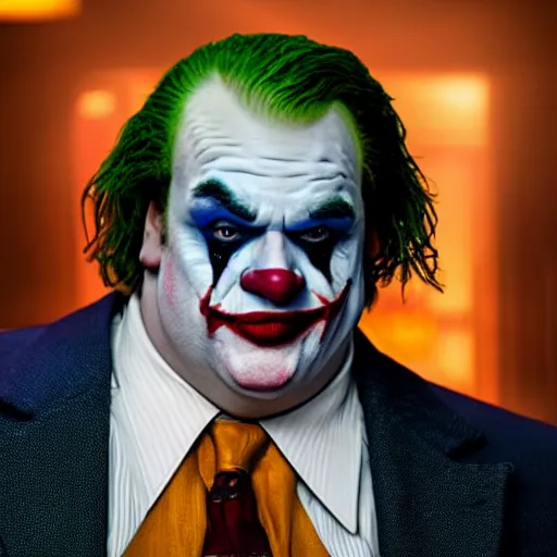 Image similar to stunning awe inspiring chris farley as the joker movie still 8 k hdr atmospheric lighting