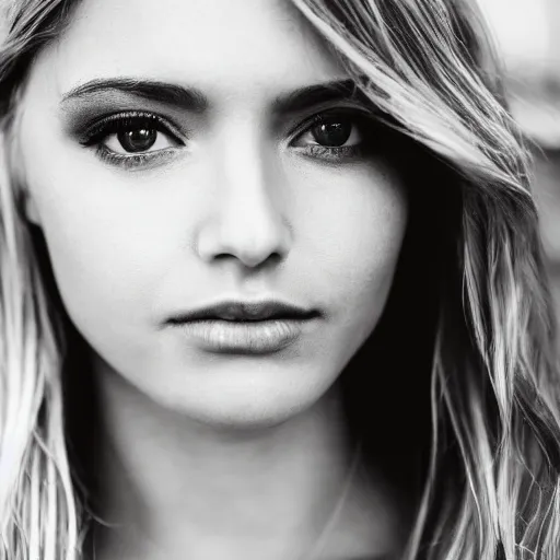 Image similar to closeup photo of a beautiful woman face, golden hour, 8 0 mm lens, bw photo