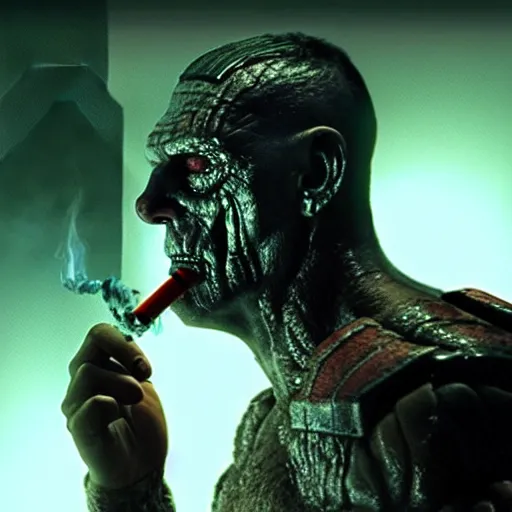 Image similar to korg from thor as a soldier smoking a cigarette, still from the movie universal soldier, still from the movie terminator, fog, dramatic lighting, cinematic, 4 k, full body shot, backlit, rim lighting, full body photgraph, shap, football armor, cyberpunk, bladerunner