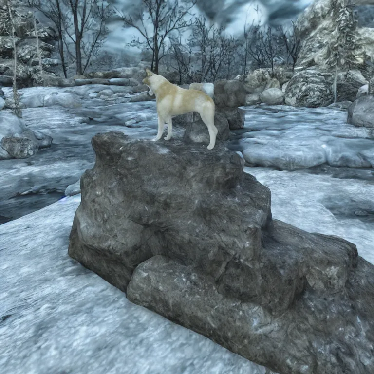 Prompt: an ancient and weathered stone shiba inu statue beside a frozen stream, skyrim pc screenshot