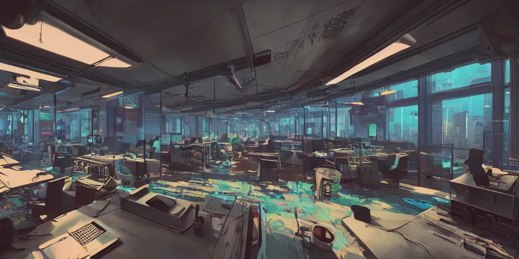 Image similar to interior shot of a neon office cinematic shot with windows overlooking a nuclear explosion cyberpunk, hyper detailed, artstation, 8k