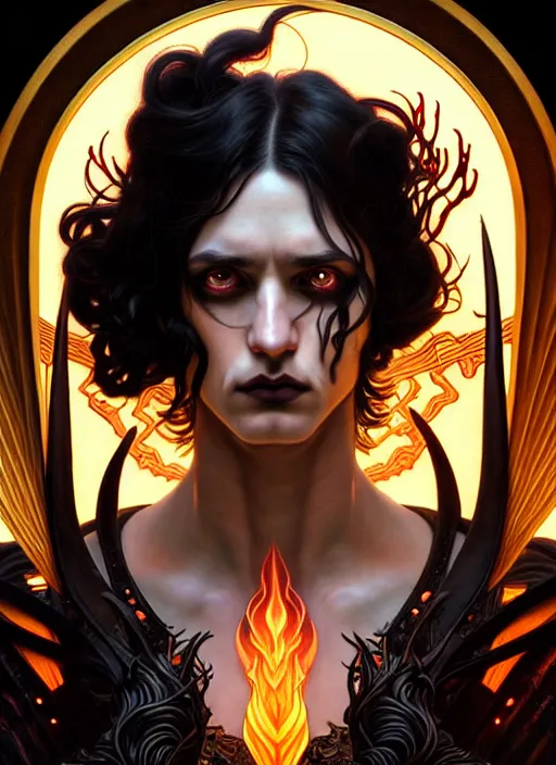 Prompt: portrait of god ares, long straigt black hair, glowing eyes, volumetric lights, fire background, art nouveau botanicals, gothic, intricate, highly detailed, digital painting, artstation, concept art, smooth, sharp focus, symmetric face, illustration, steampunk, art by artgerm and greg rutkowski and alphonse mucha