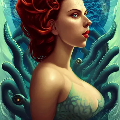 Image similar to underwater naga bioshock portrait of scarlett johansson, octopus, Pixar style, by Tristan Eaton Stanley Artgerm and Tom Bagshaw.