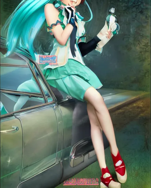 Image similar to Hatsune Miku full body pin up modeling in idol unioform, with a park in the back ground, post war style, detailed face, american postcard art style, by Gil Elvgren and Randolph Stanley Hewton and Charlie Bowater