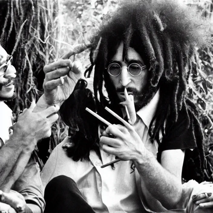 Image similar to john lennon smoking a joint with bob Marley, photograph by Willy Spiller, 1970s