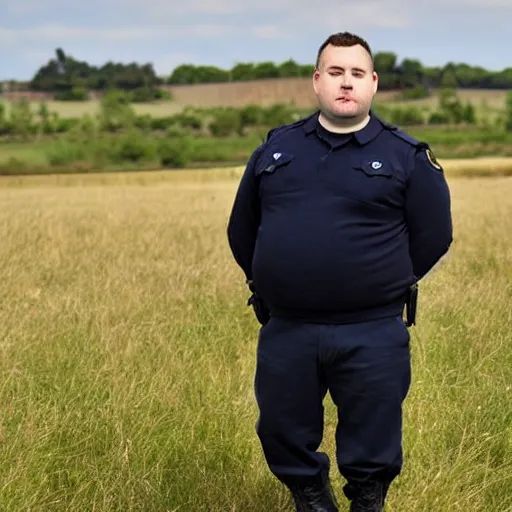 Image similar to clean - shaven chubby chubby chubby 3 2 year old caucasian man from uk. he is wearing navy police sweater and necktie and black boots and police helmet. he is standing in a field.