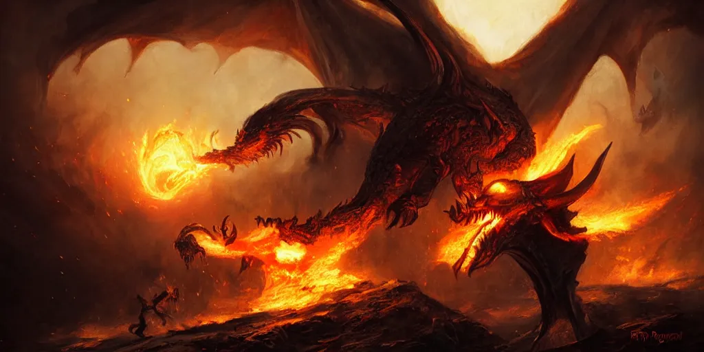 Image similar to Sauron fighting a dragon spitting fire, backlighting, oil painting, by Greg Rutkowski