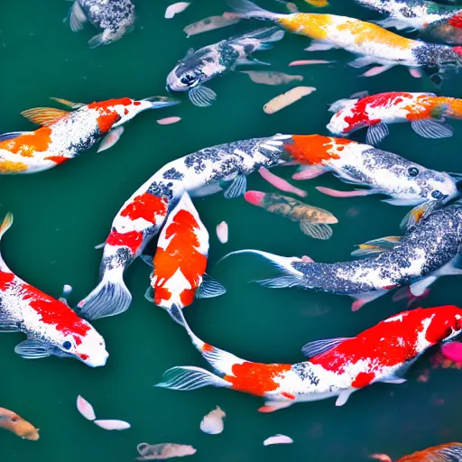 Image similar to sumi - e of colorful koi swirling in a pond