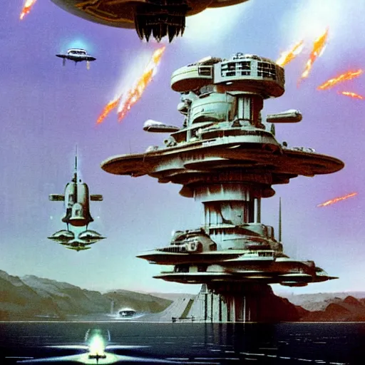 Image similar to war machines from a gate in hell, chris foss, john harris, hoover dam'aircraft carrier tower'beeple, wayne barlowe