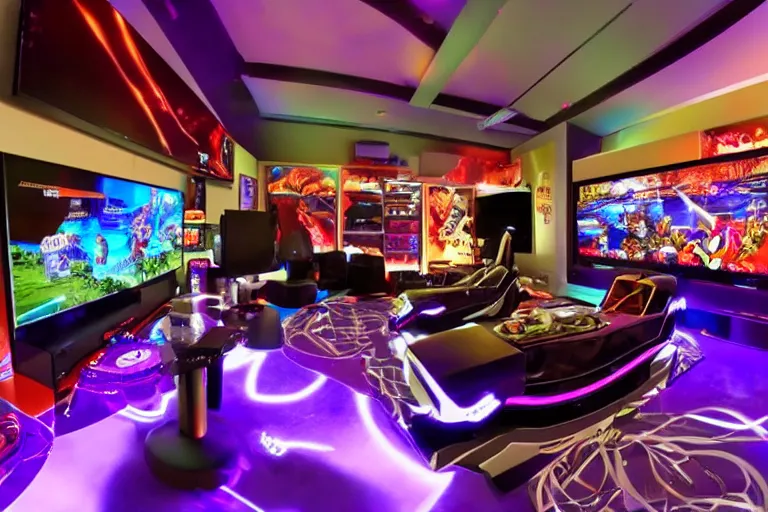 a photo of a large, luxury gaming room with all the, Stable Diffusion