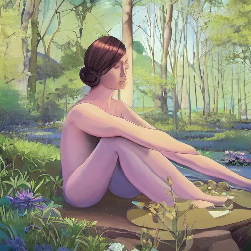 Prompt: pleasant female representations in contemplation, surrounded by nature but lost in their thoughts, polished and fully lit environments elements and characters vibrant, geometric with fibonacci spacing high definition, axonometric, liminal ( diffusion, spaces, and environments ), latent space environment chirality expression. think like a baby. an ultrafine detailed painting. for / in print